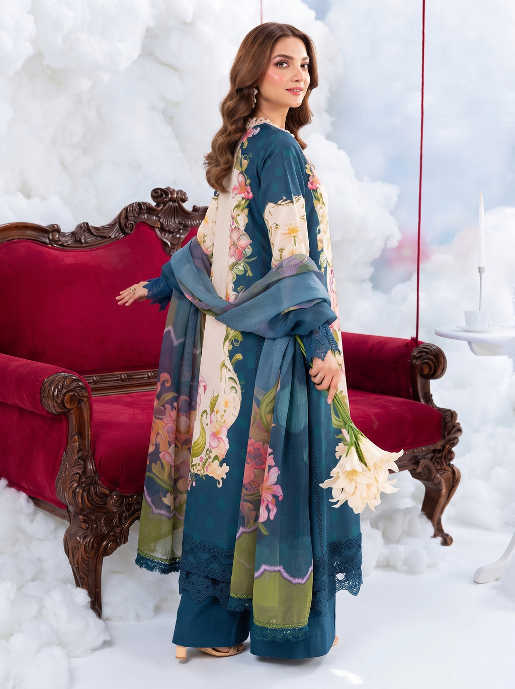 Teal Blue & Off-White Floral Printed Shamooz Silk 3 Piece Suit