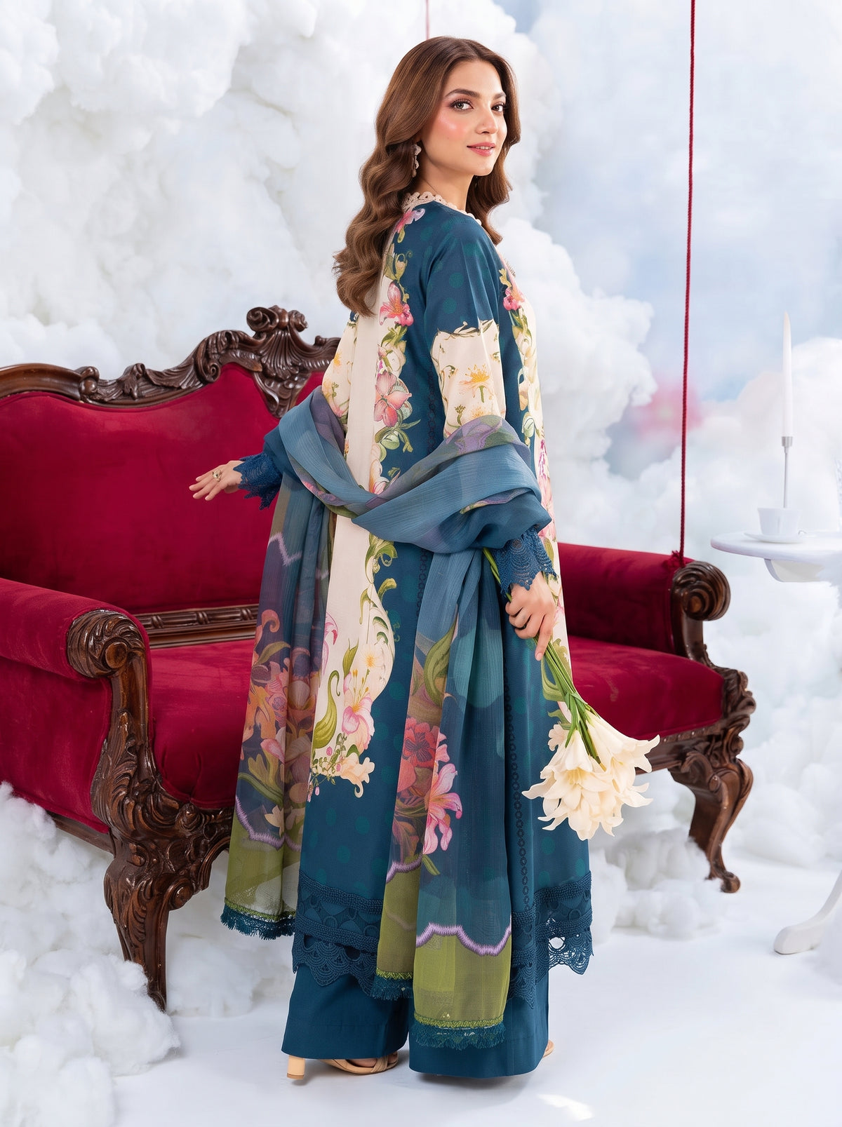 Teal Blue & Off-White Floral Printed Shamooz Silk 3 Piece Suit