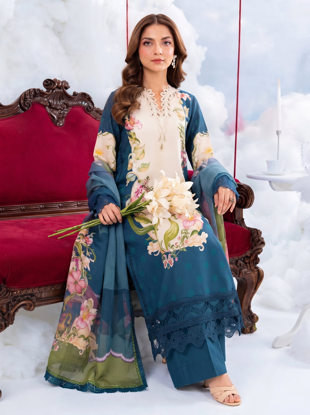 Teal Blue & Off-White Floral Printed Shamooz Silk 3 Piece Suit