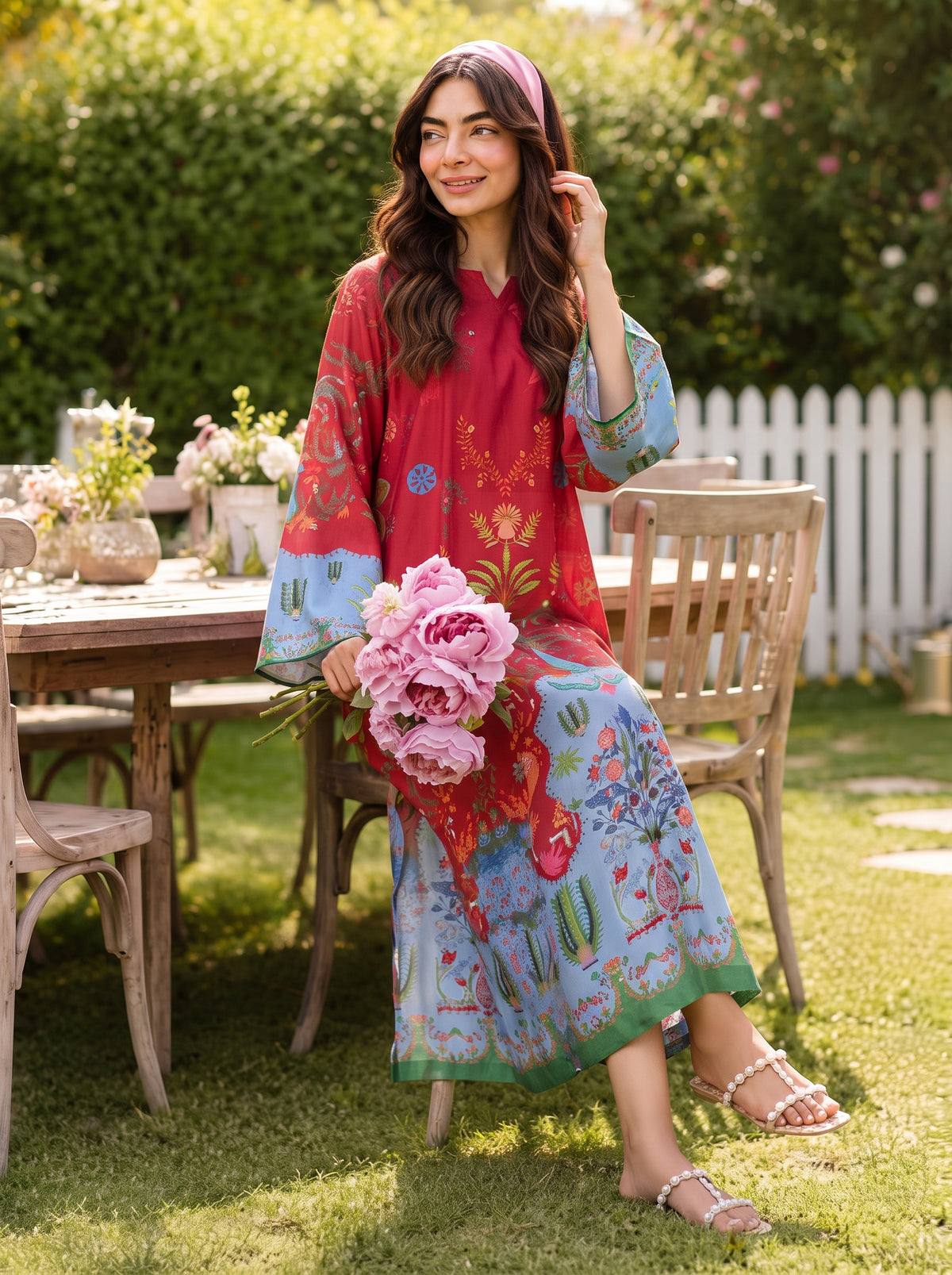 Crimson Red & Sky Blue Printed Shamooz Silk 3 Piece Suit