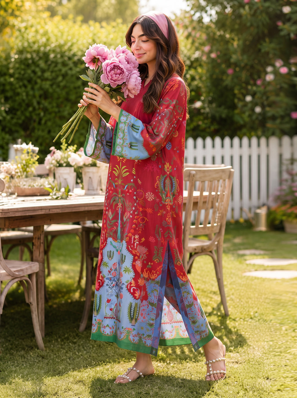 Crimson Red & Sky Blue Printed Shamooz Silk 3 Piece Suit