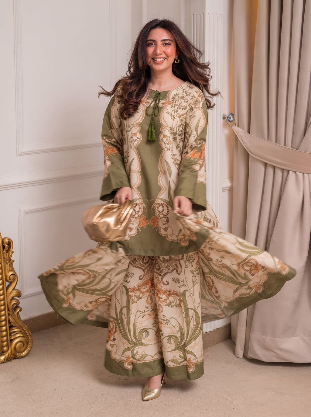 Olive Green & Beige Printed Shamooz Silk 3 Piece Suit