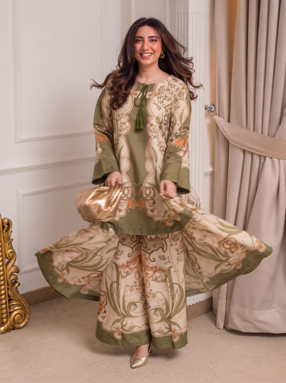Olive Green & Beige Printed Shamooz Silk 3 Piece Suit