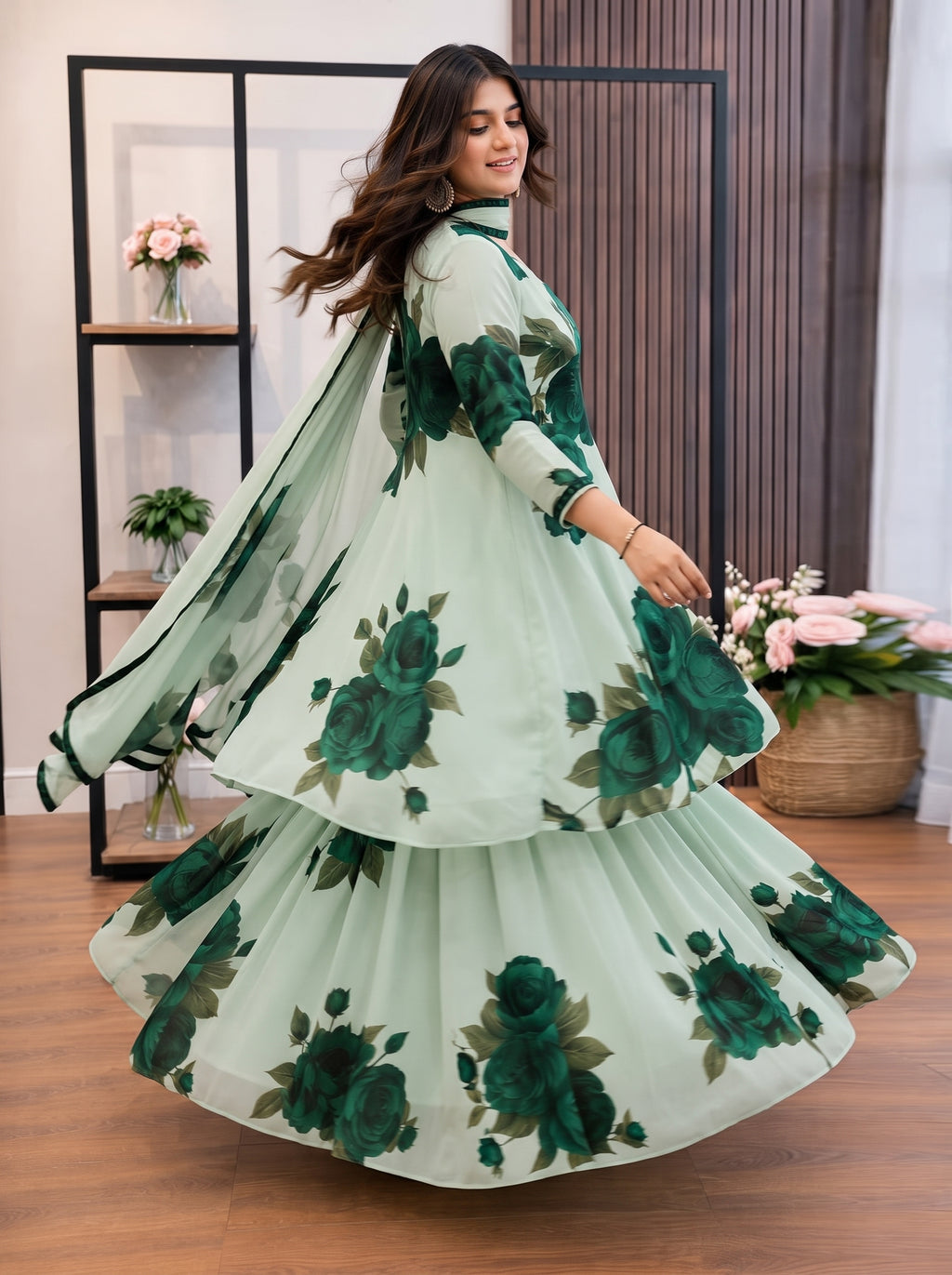 Mint Green & Emerald Floral Printed Georgette/Silk 3 Piece Suit