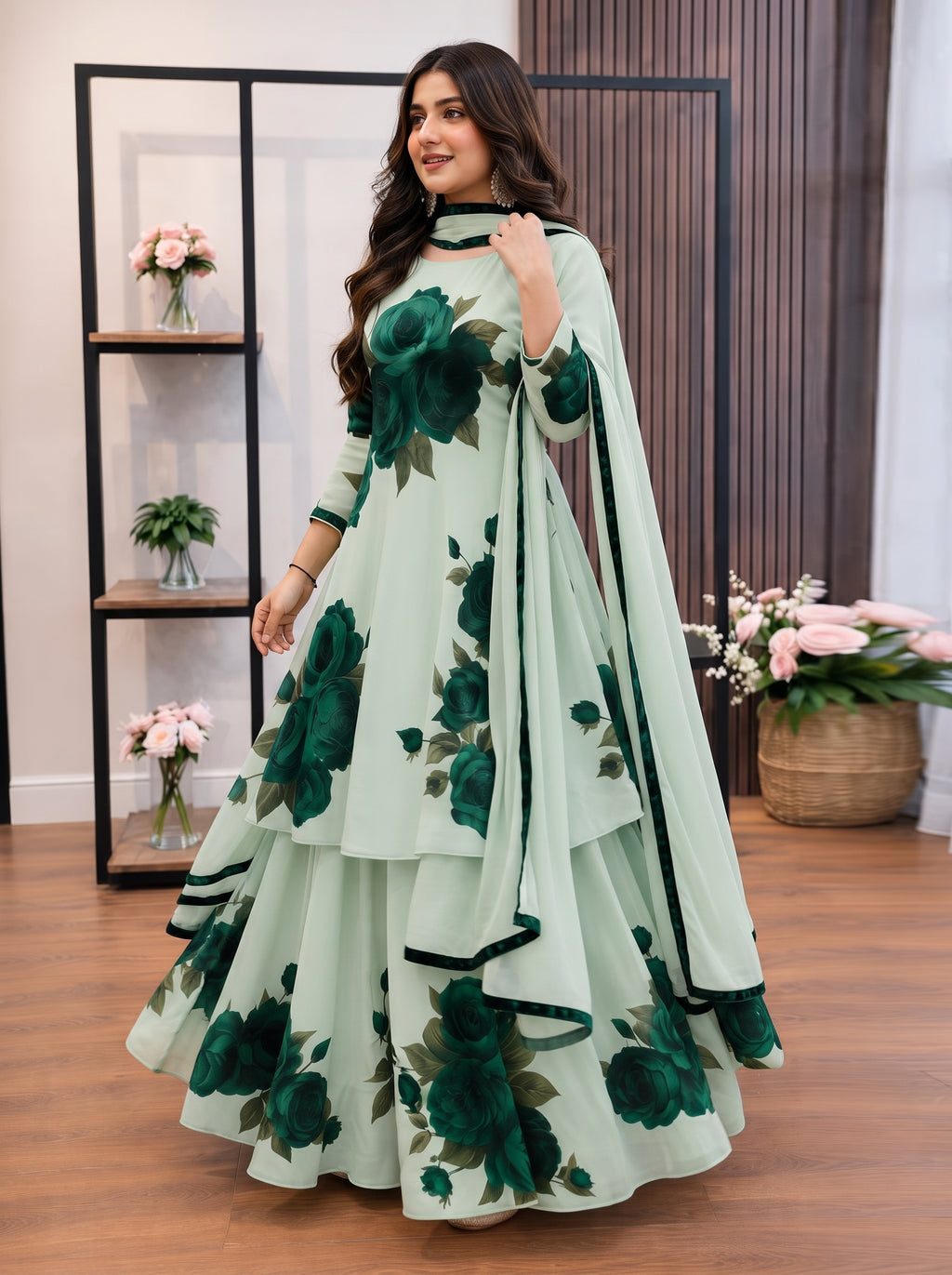 Mint Green & Emerald Floral Printed Georgette/Silk 3 Piece Suit