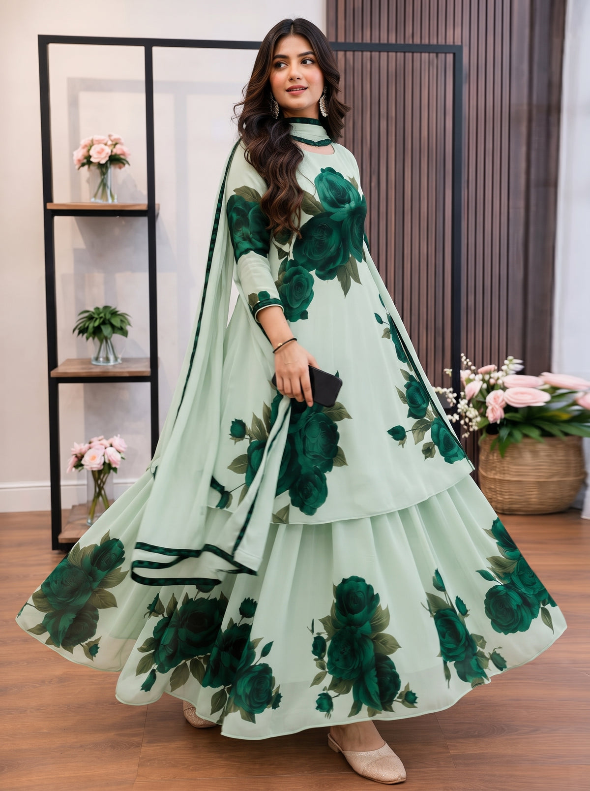 Mint Green & Emerald Floral Printed Georgette/Silk 3 Piece Suit
