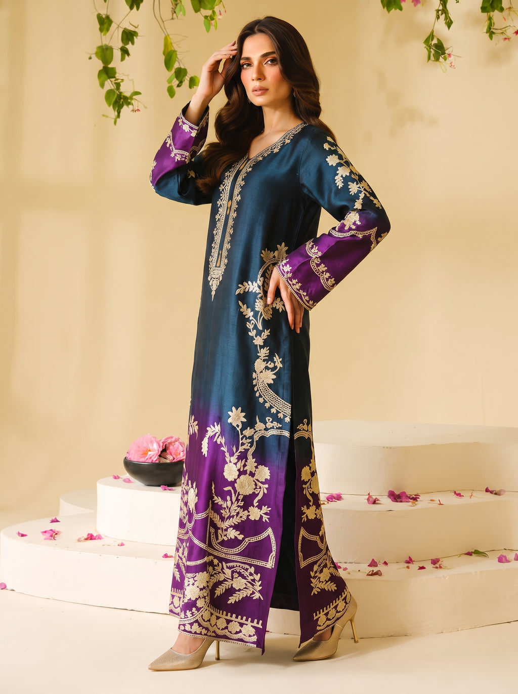 Midnight Blue & Deep Purple Ombre Printed Shamooz Silk 3 Piece Suit