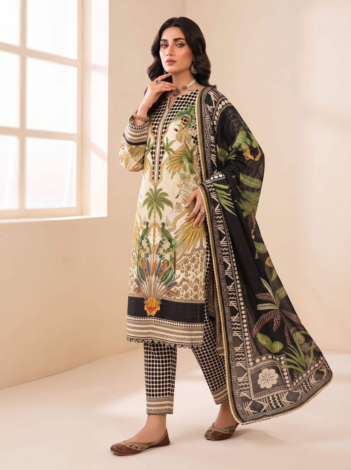 Off-White & Black Tropical Printed Shamooz Silk 3 Piece Suit