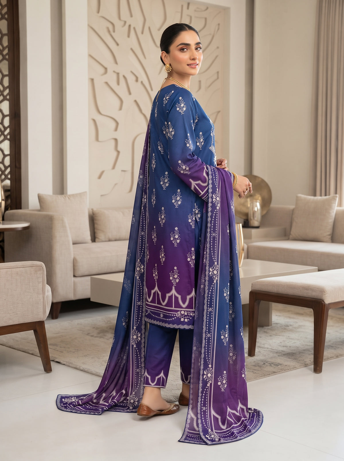 Royal Blue & Purple Ombre Printed Shamooz Silk 3 Piece Suit