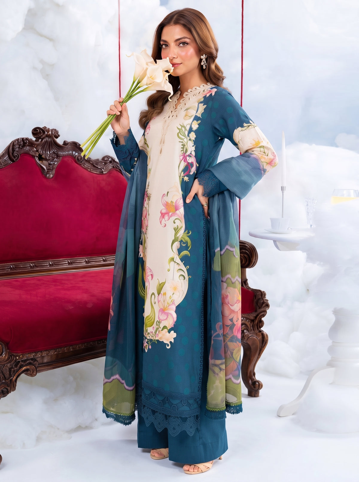 Teal Blue & Off-White Floral Printed Shamooz Silk 3 Piece Suit
