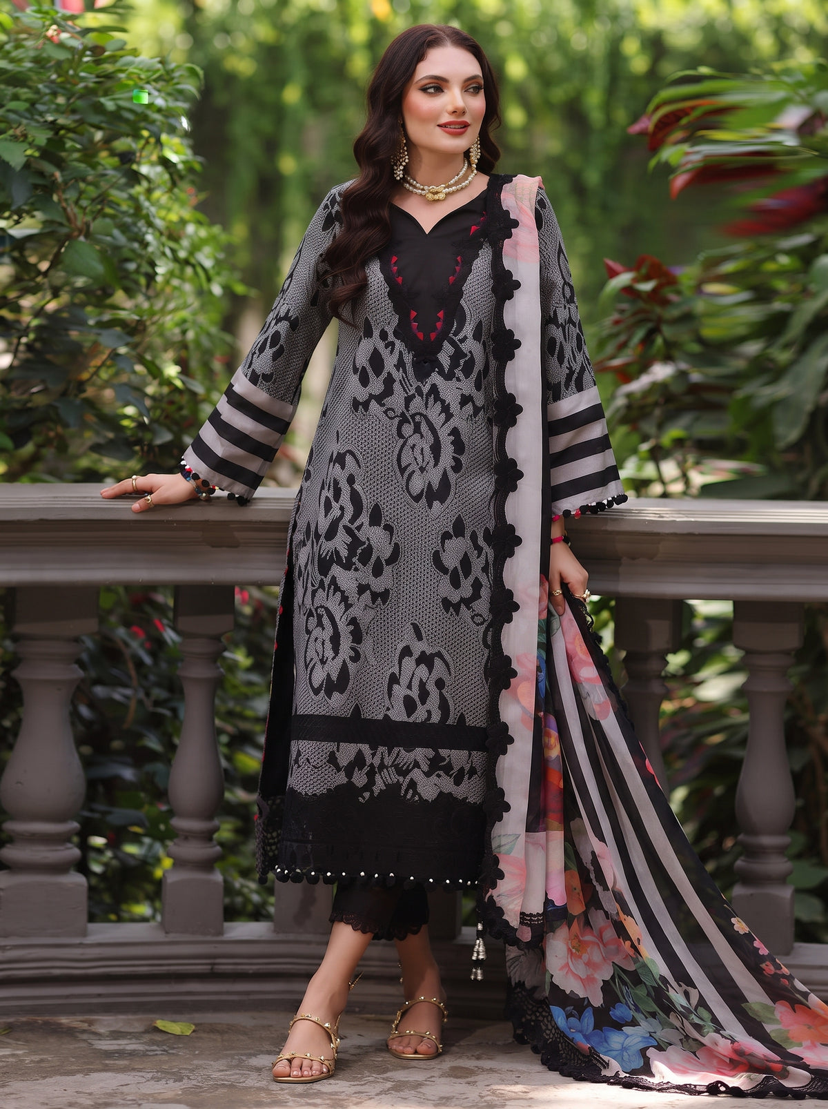 Charcoal Grey & Black Monochromatic Printed Shamooz Silk 3 Piece Suit