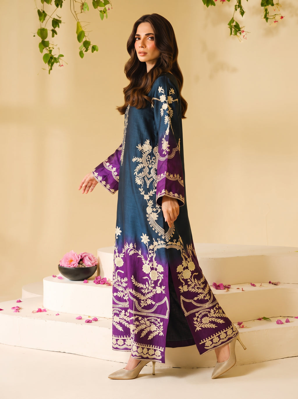 Midnight Blue & Deep Purple Ombre Printed Shamooz Silk 3 Piece Suit