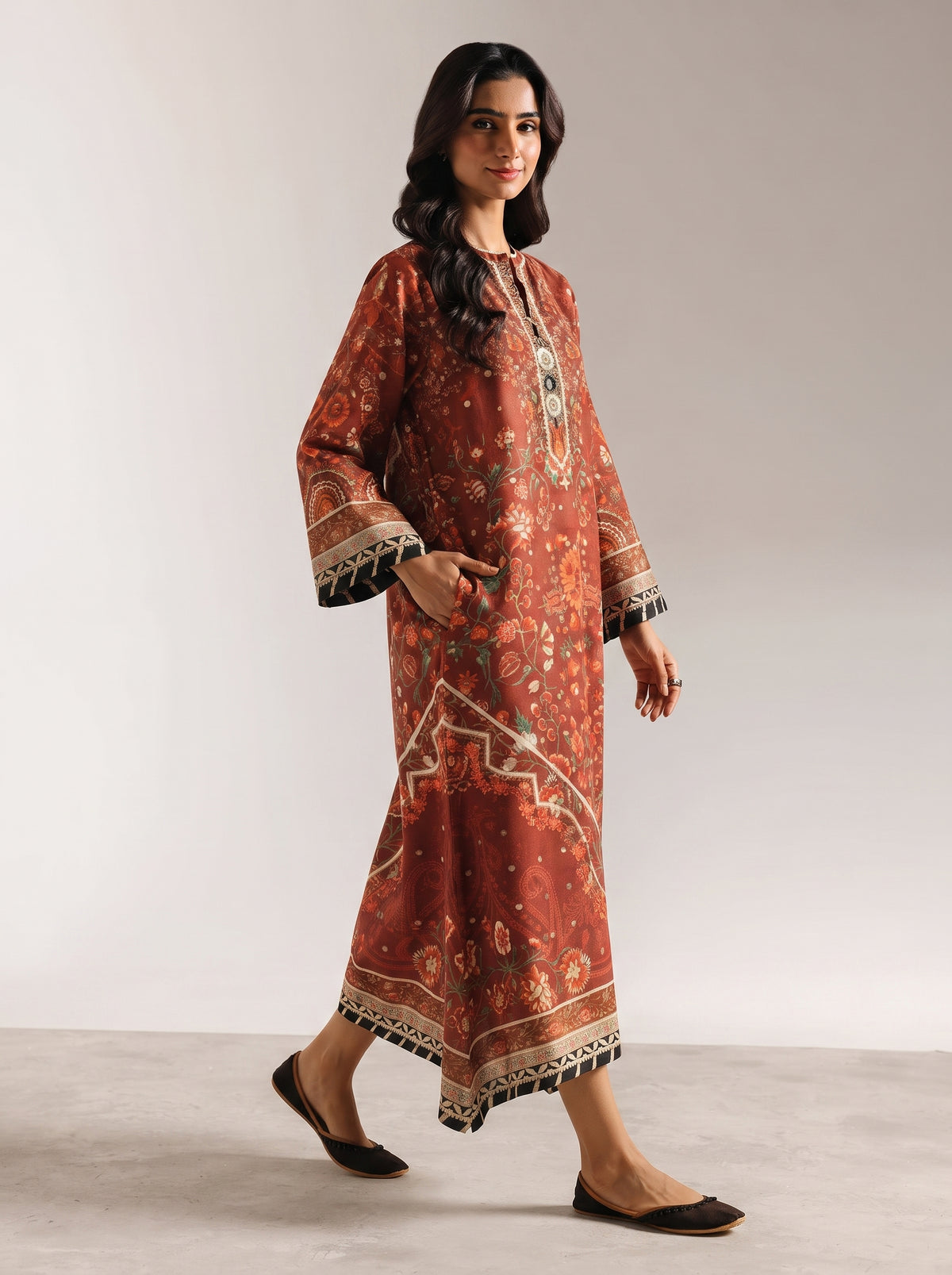 Rust & Maroon Floral Printed Shamooz Silk 3 Piece Suit