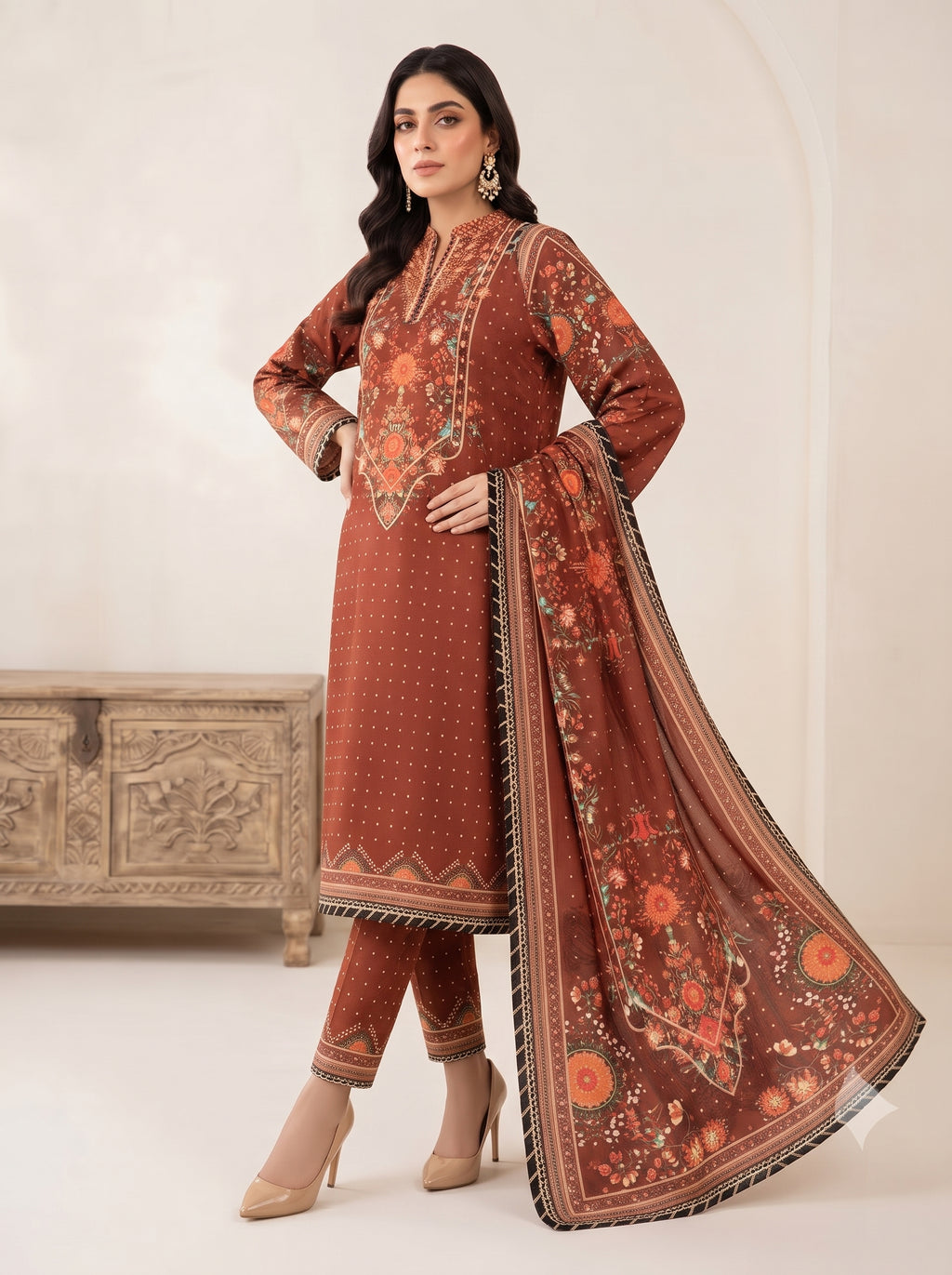 Rust Brown Printed Shamooz Silk 3 Piece Suit