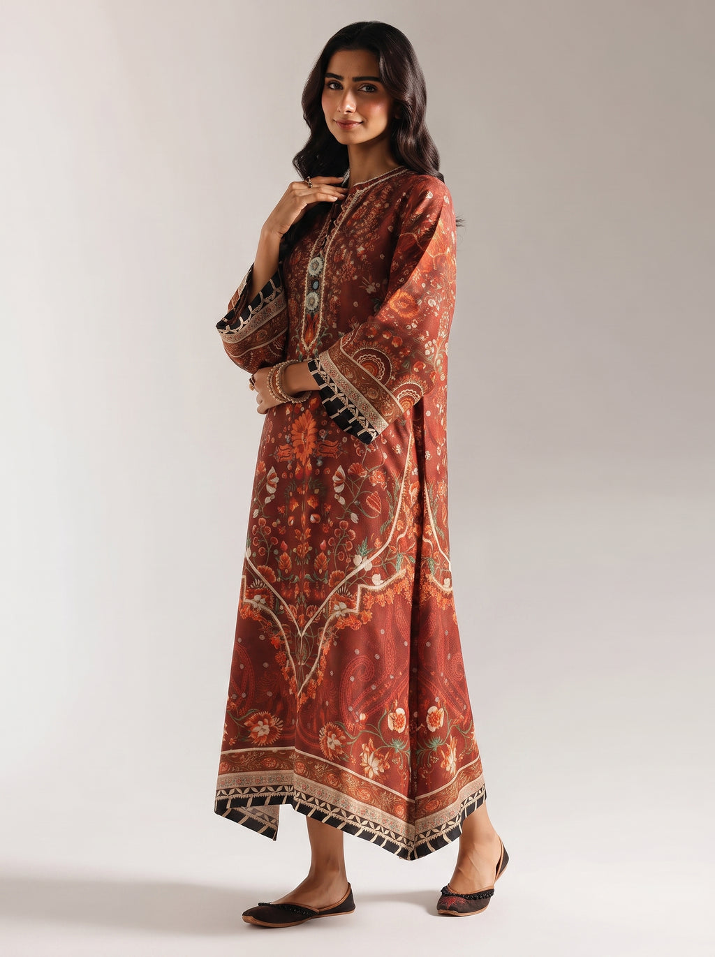 Rust & Maroon Floral Printed Shamooz Silk 3 Piece Suit