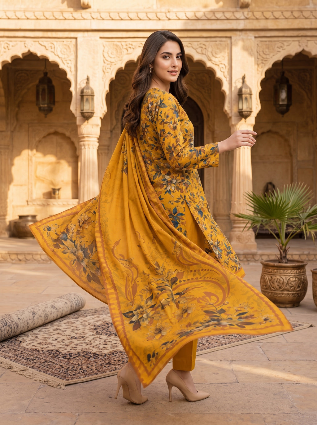 Mustard Yellow Printed Nishat Linen 3 Piece Suit