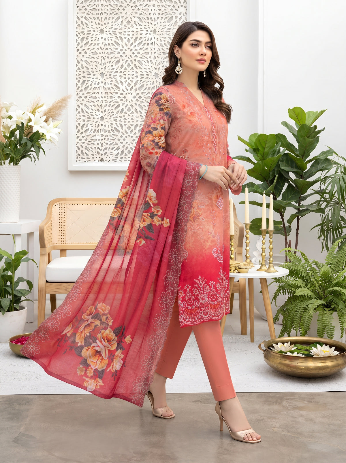 Bana Doria Exclusive Linen – Peach & Magenta Pink Embroidered 3 Piece Suit