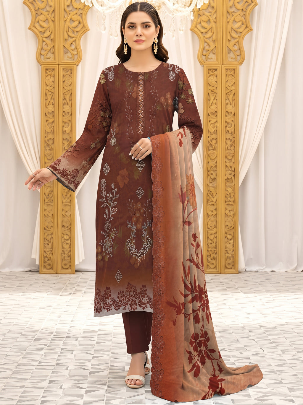 Bana Doria Exclusive Linen – Deep Rust & Terracotta Embroidered 3 Piece Suit