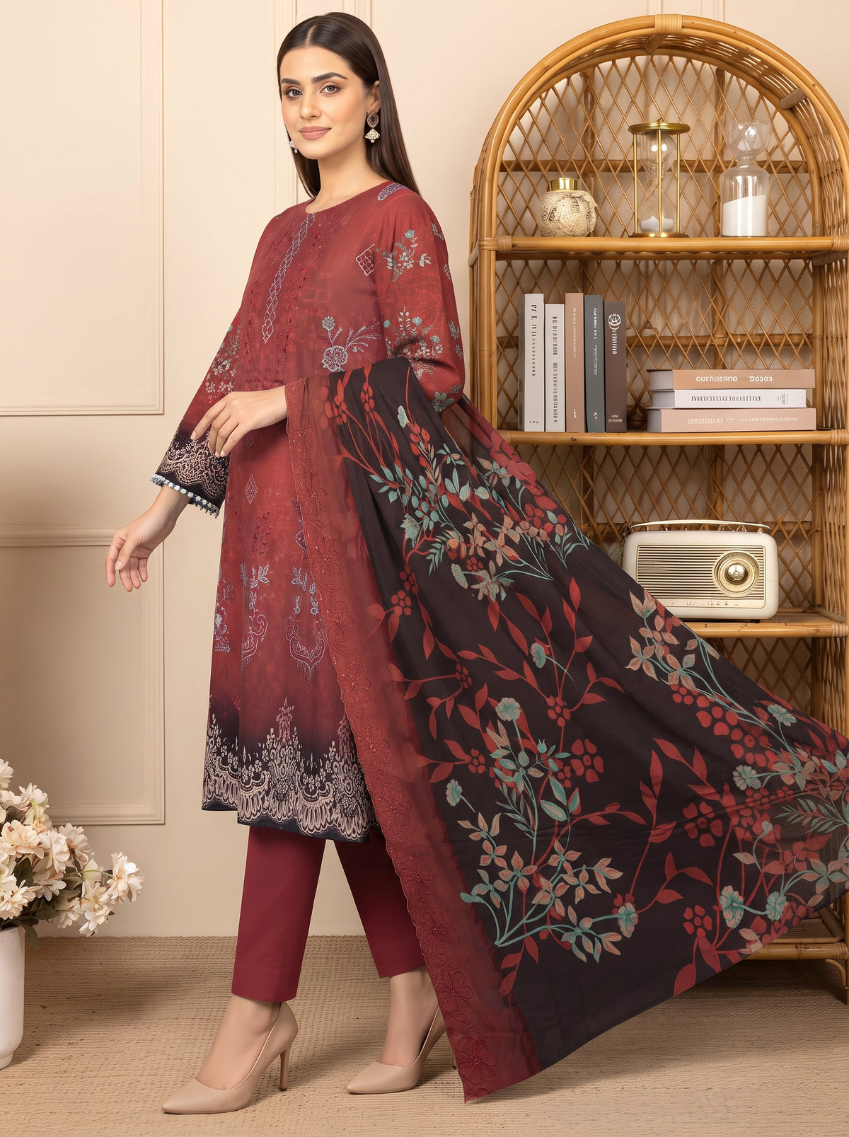 Bana Doria Exclusive Linen – Maroon & Black Embroidered 3 Piece Suit