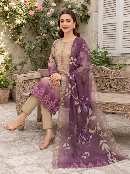 Bana Doria Exclusive Linen – Beige & Plum Purple Embroidered 3 Piece Suit