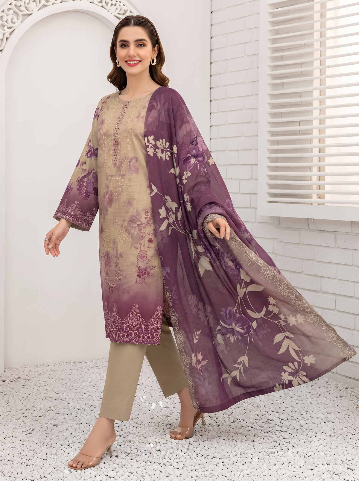 Bana Doria Exclusive Linen – Beige & Plum Purple Embroidered 3 Piece Suit