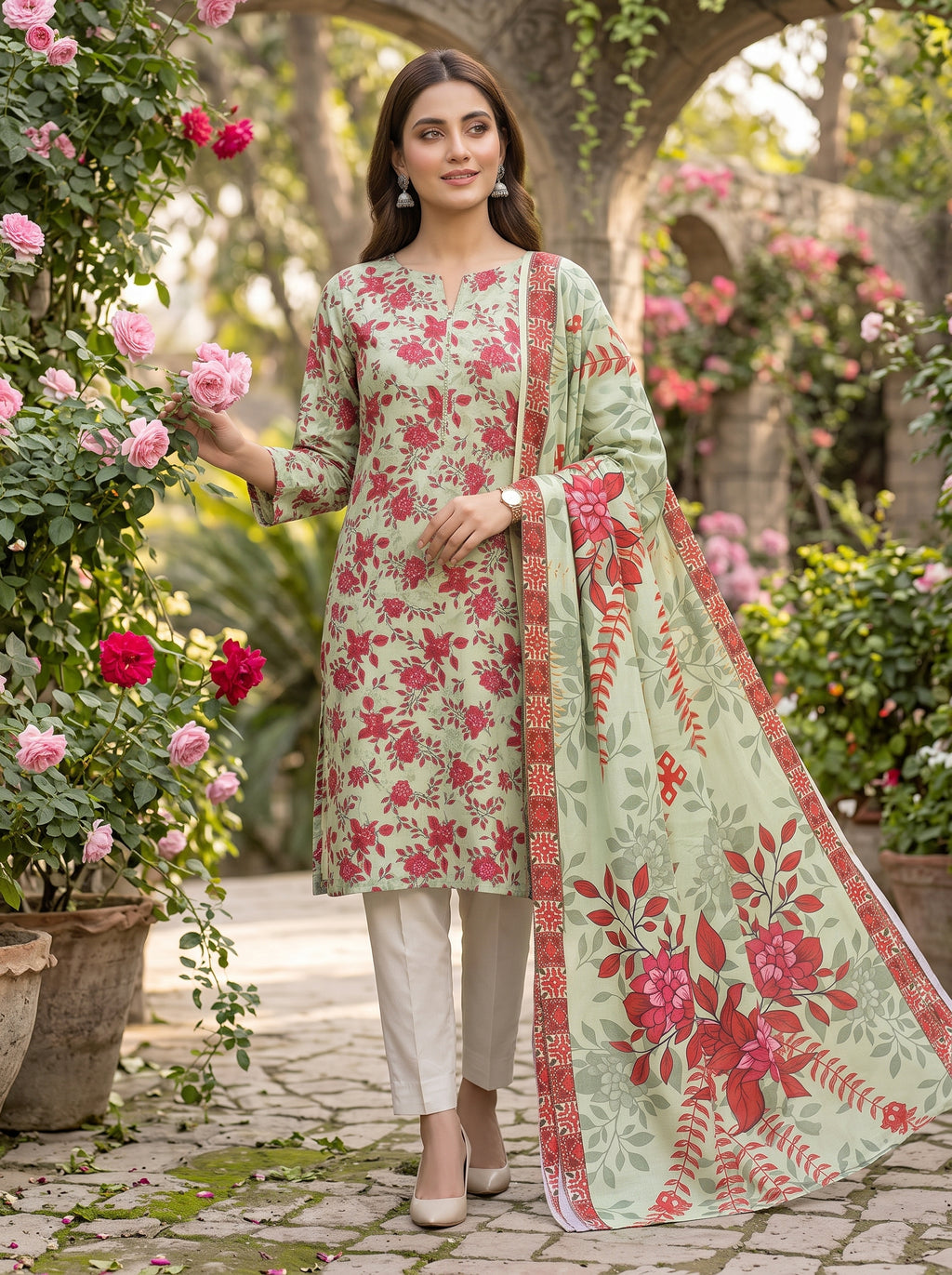 Pistachio Green Printed Nishat Linen 3 Piece Suit  HTML CODE: