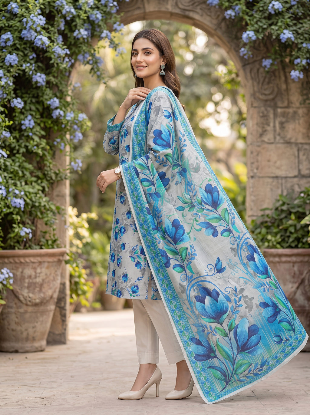 Light Blue Printed Nishat Linen 3 Piece Suit