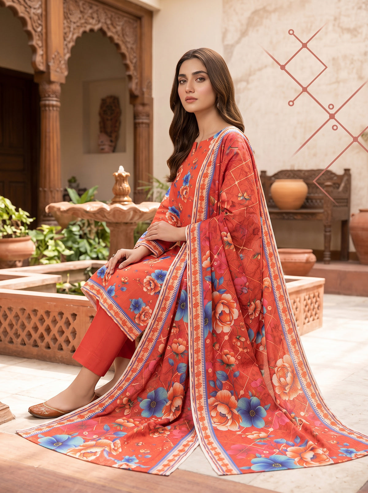 Orange Printed Nishat Linen 3 Piece Suit
