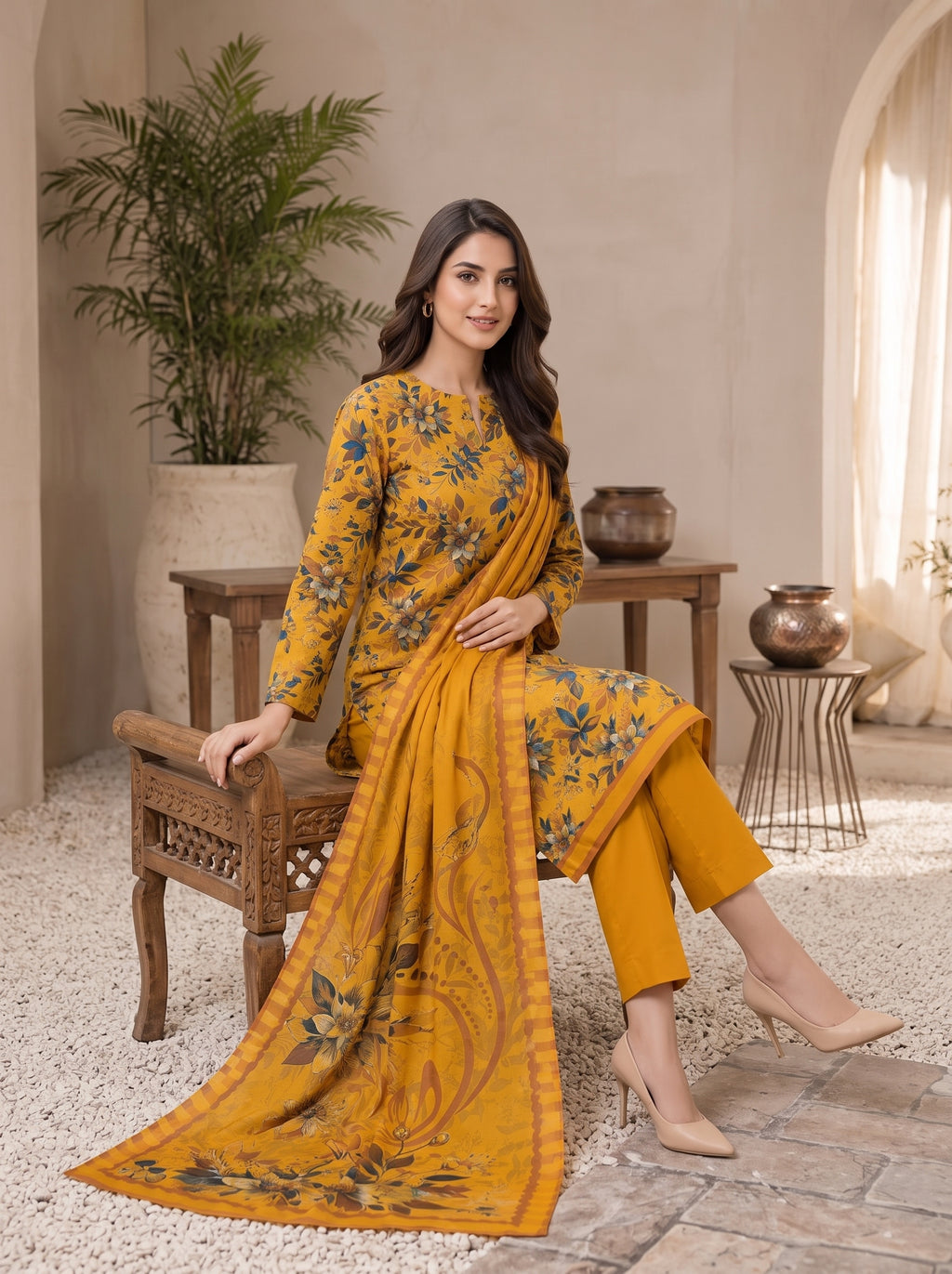 Mustard Yellow Printed Nishat Linen 3 Piece Suit