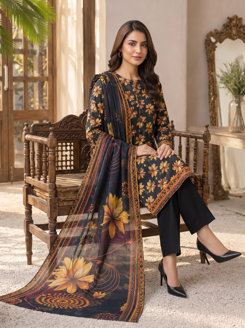 Black Printed Nishat Linen 3 Piece Suit