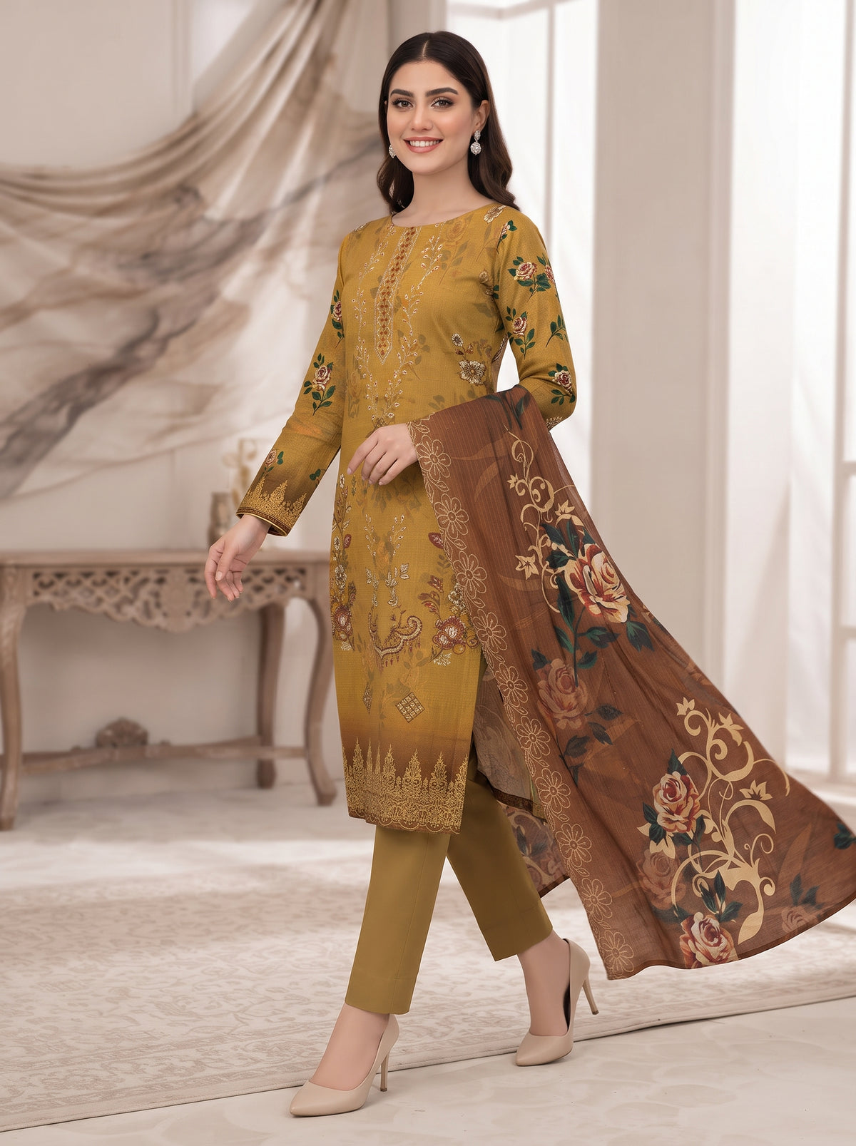 Bana Doria Exclusive Linen – Mustard Gold & Chestnut Brown Embroidered 3 Piece Suit