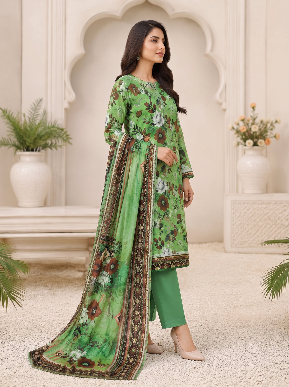 Emerald Green Printed Nishat Linen 3 Piece Suit