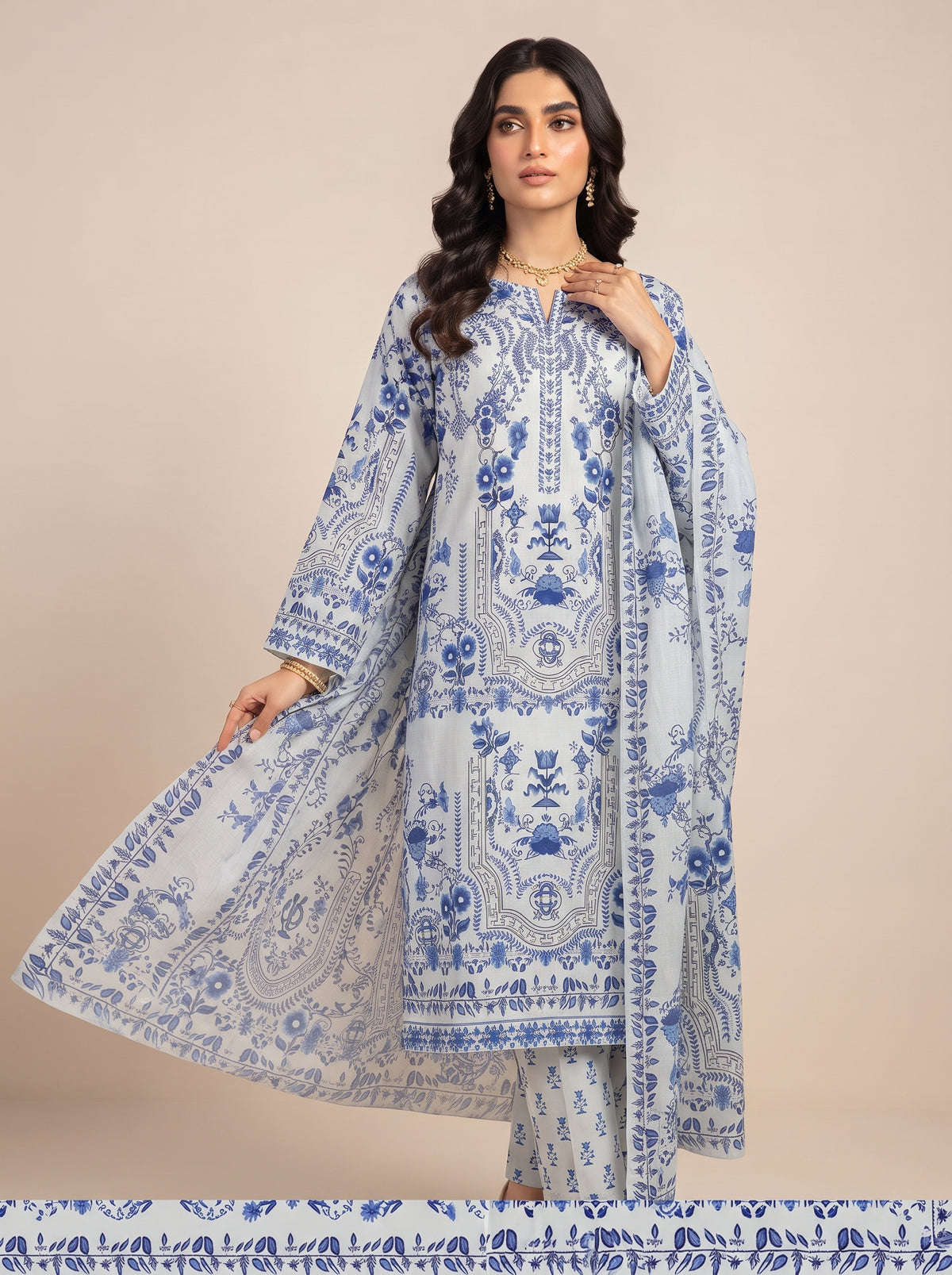 Blue & White Printed Shamooz Silk 3 Piece Suit