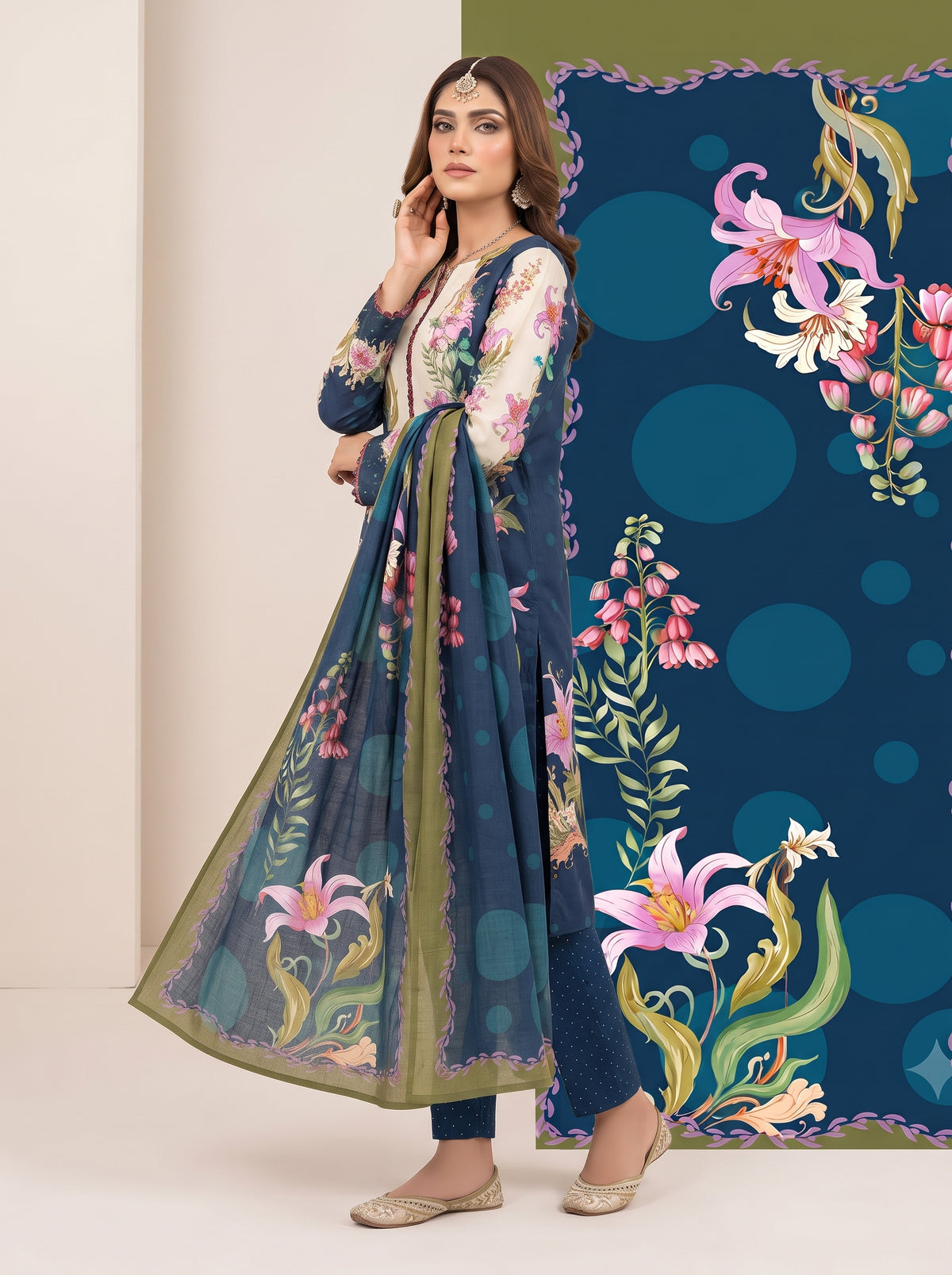 Navy Blue Printed Shamooz Silk 3 Piece Suit