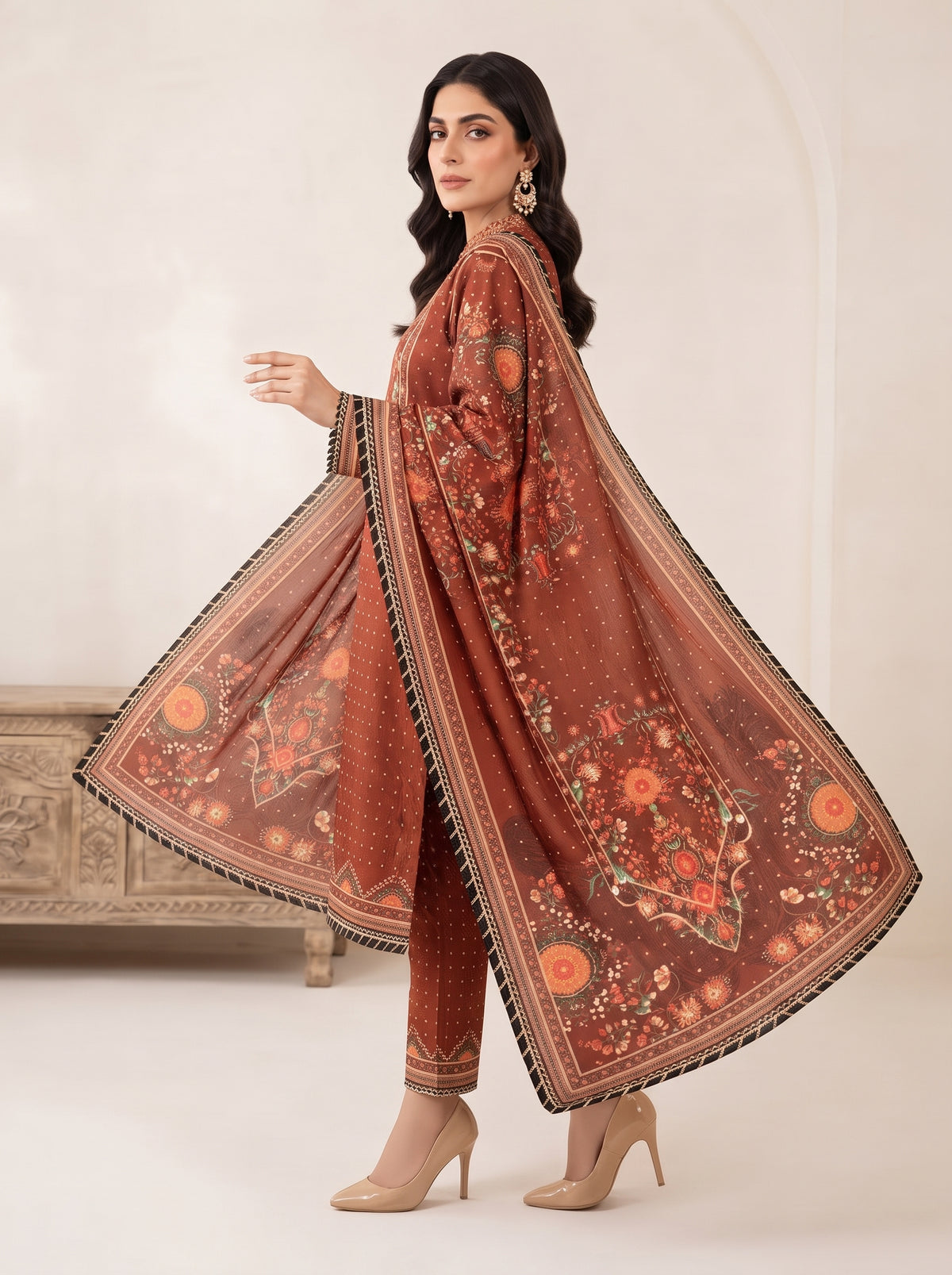 Rust Brown Printed Shamooz Silk 3 Piece Suit