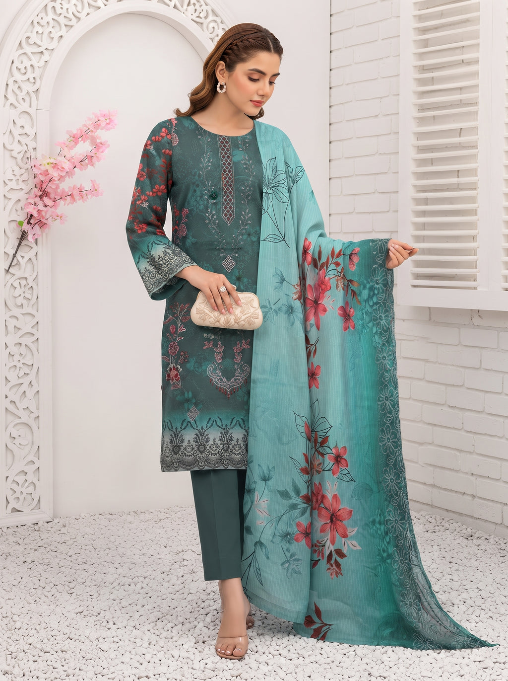 Bana Doria Exclusive Linen – Teal Green & Aqua Embroidered 3 Piece Suit