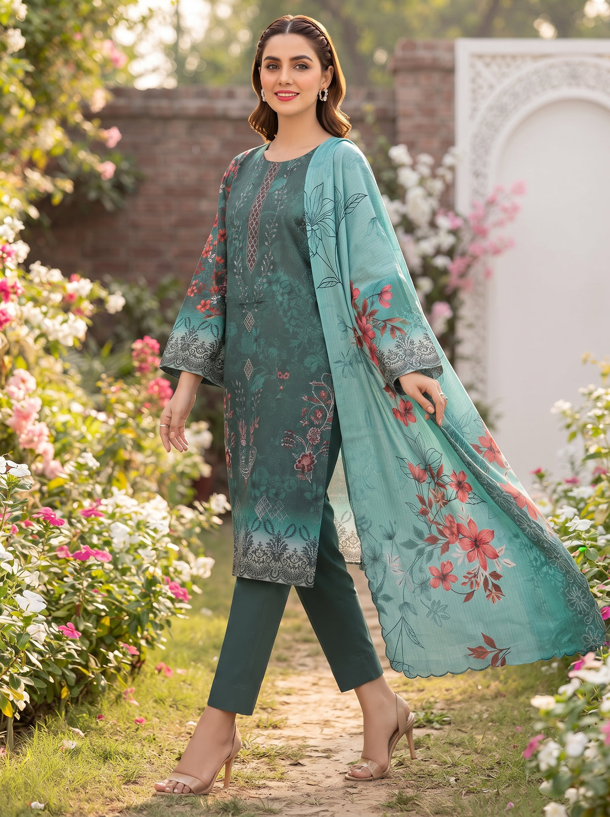 Bana Doria Exclusive Linen – Teal Green & Aqua Embroidered 3 Piece Suit