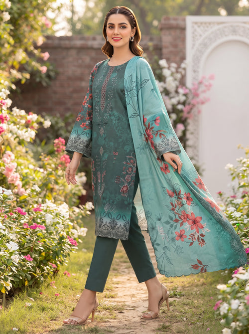 Bana Doria Exclusive Linen – Teal Green & Aqua Embroidered 3 Piece Suit