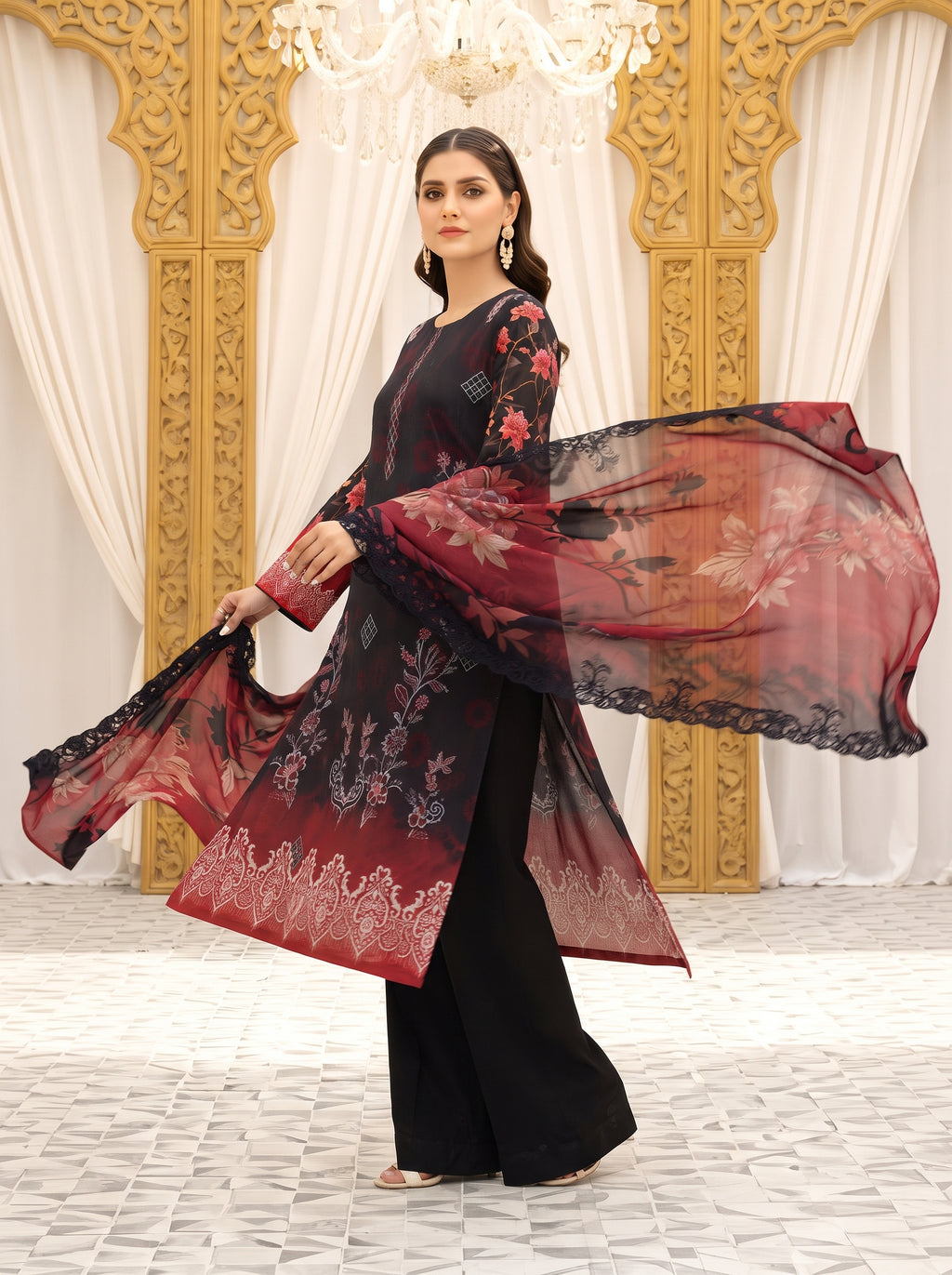 Bana Doria Exclusive Linen – Black & Crimson Red Embroidered 3 Piece Suit