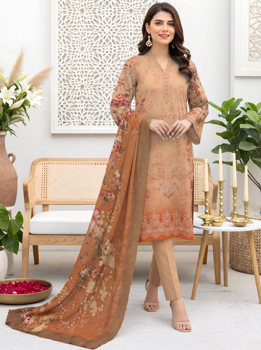 Bana Doria Exclusive Linen – Light Beige & Ochre Orange Embroidered 3 Piece Suit