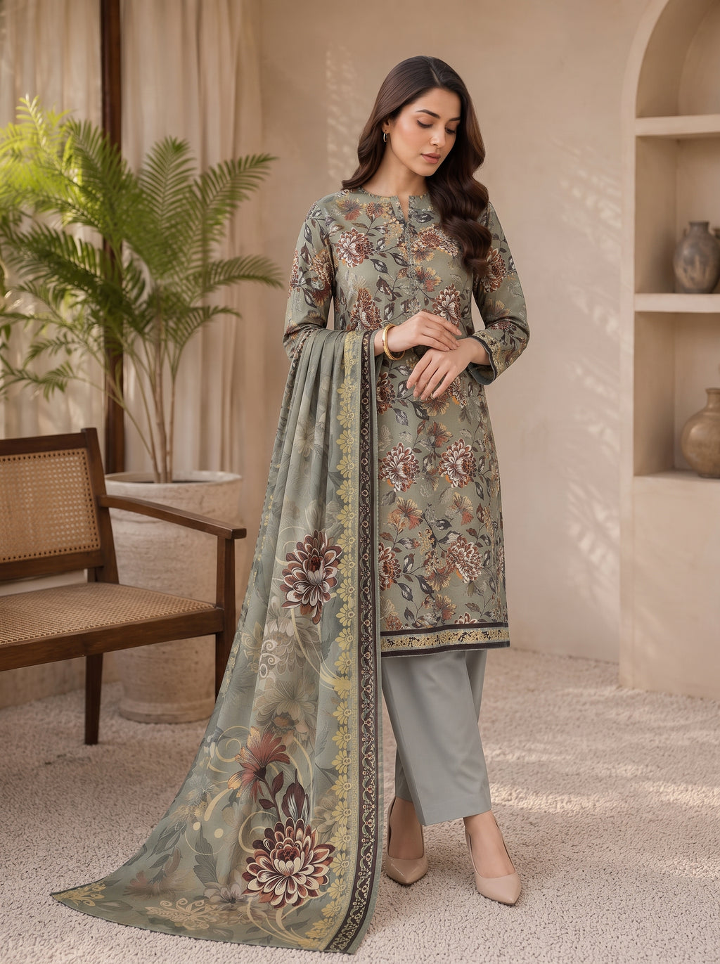 Sage Green Printed Nishat Linen 3 Piece Suit