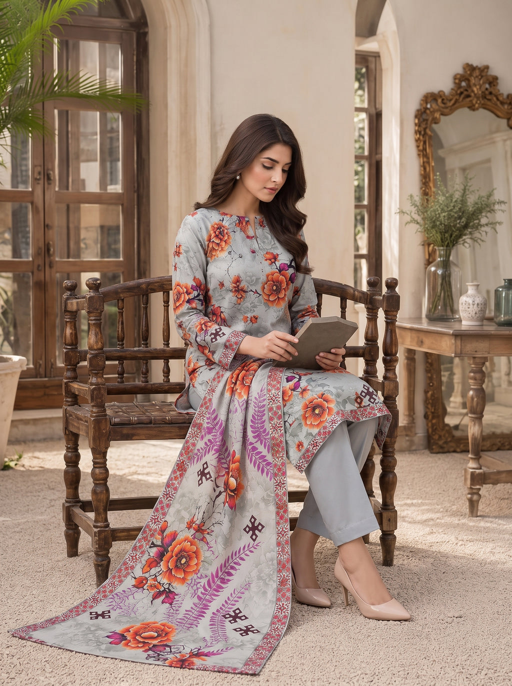 Grey Printed Nishat Linen 3 Piece Suit