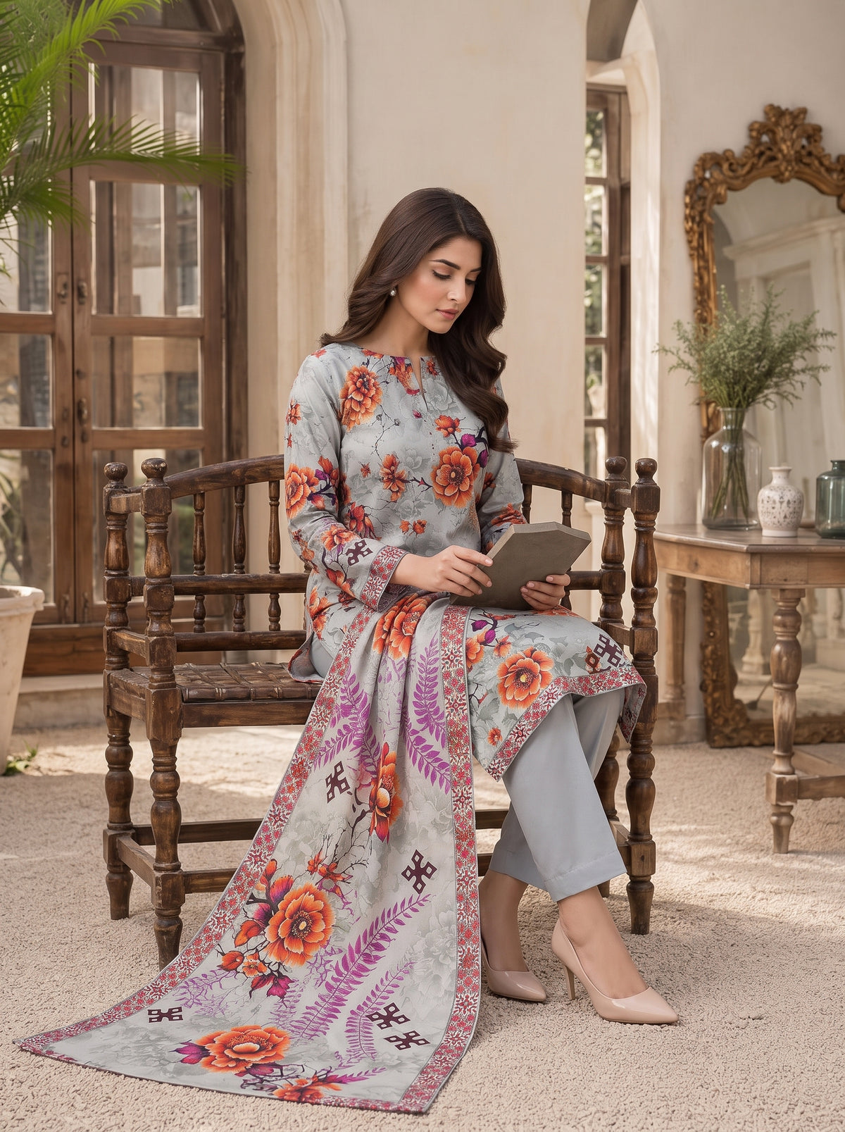 Grey Printed Nishat Linen 3 Piece Suit
