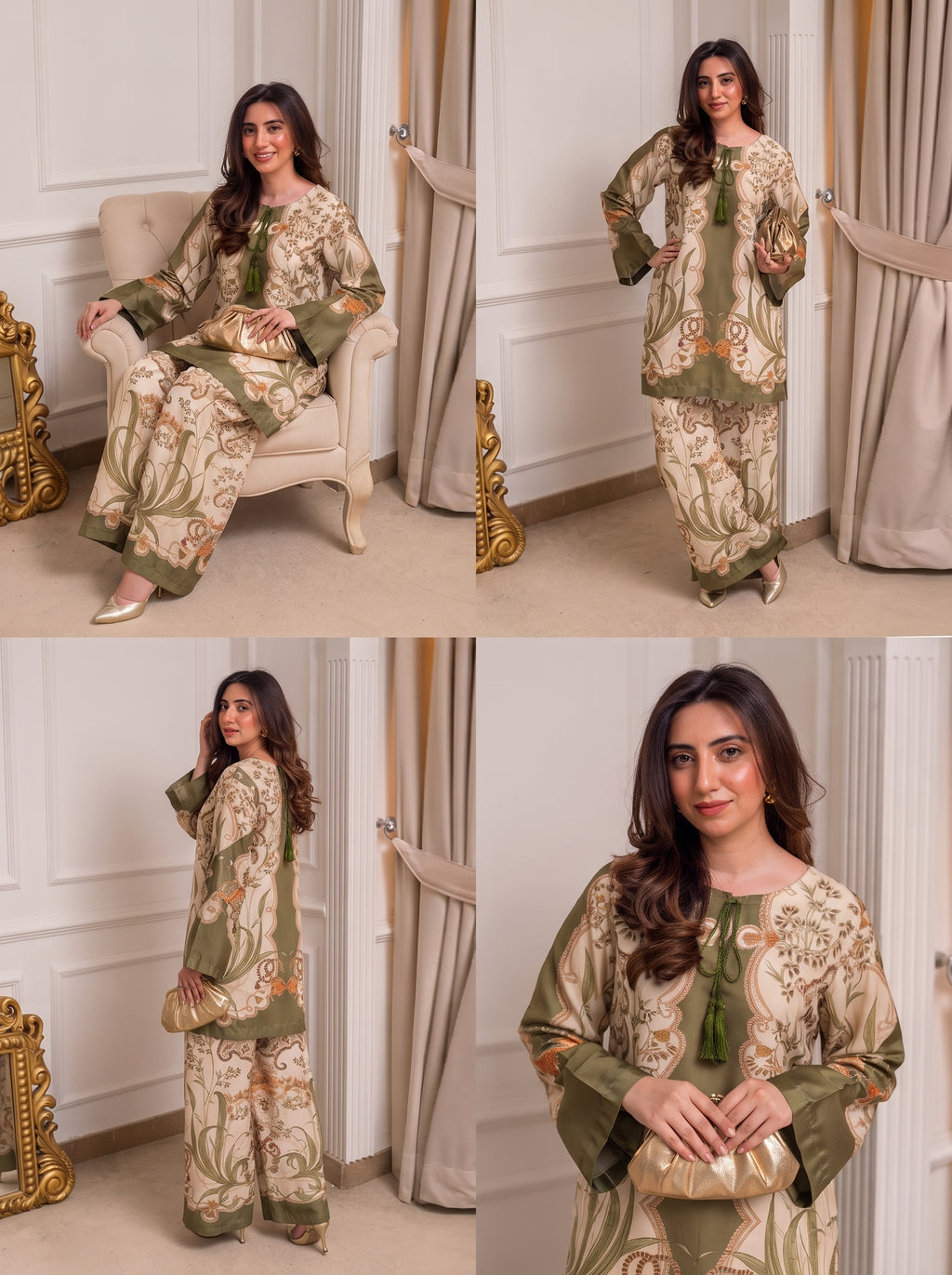 Olive Green & Beige Printed Shamooz Silk 3 Piece Suit