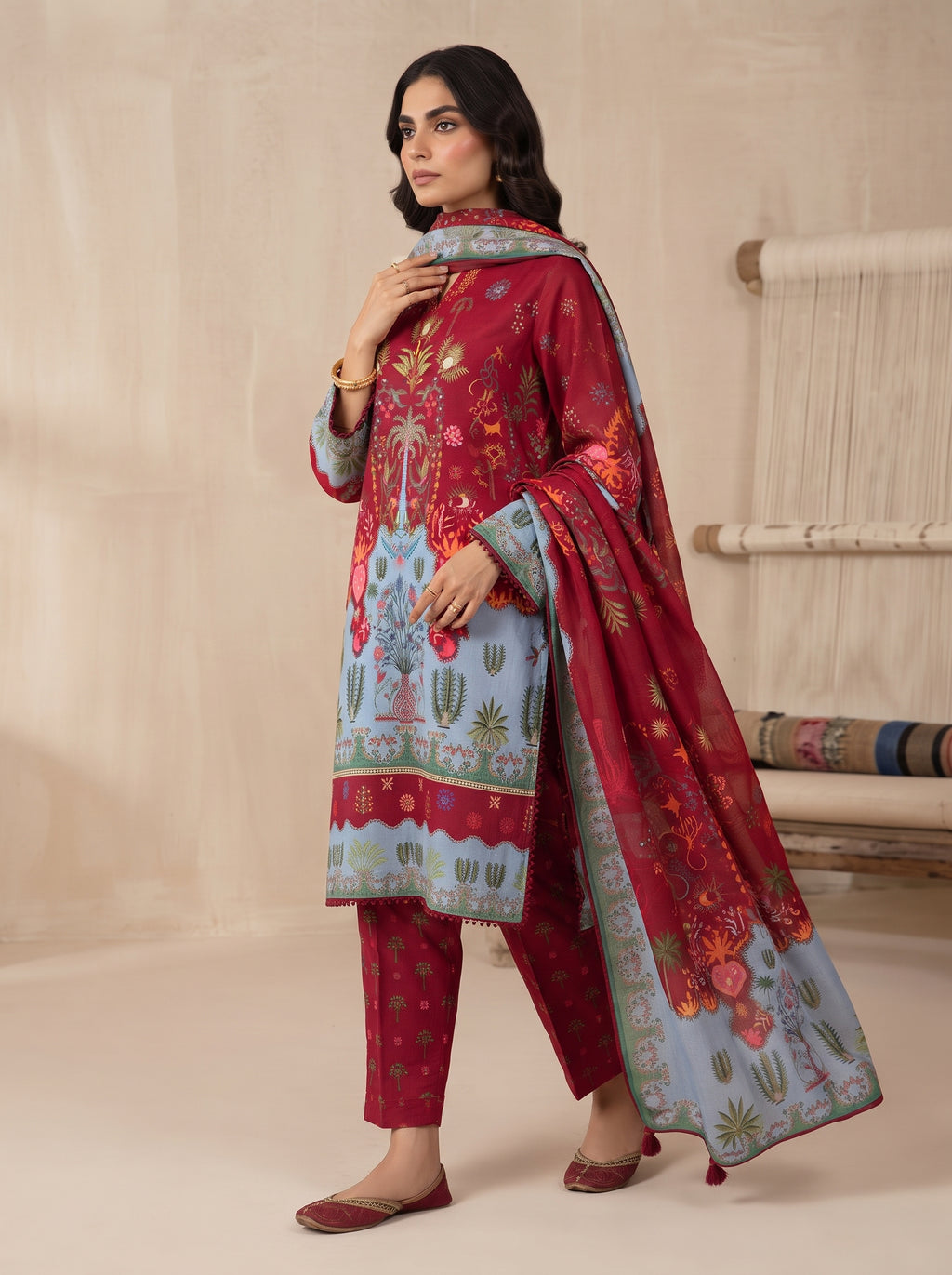 Maroon Printed Shamooz Silk 3 Piece Suit