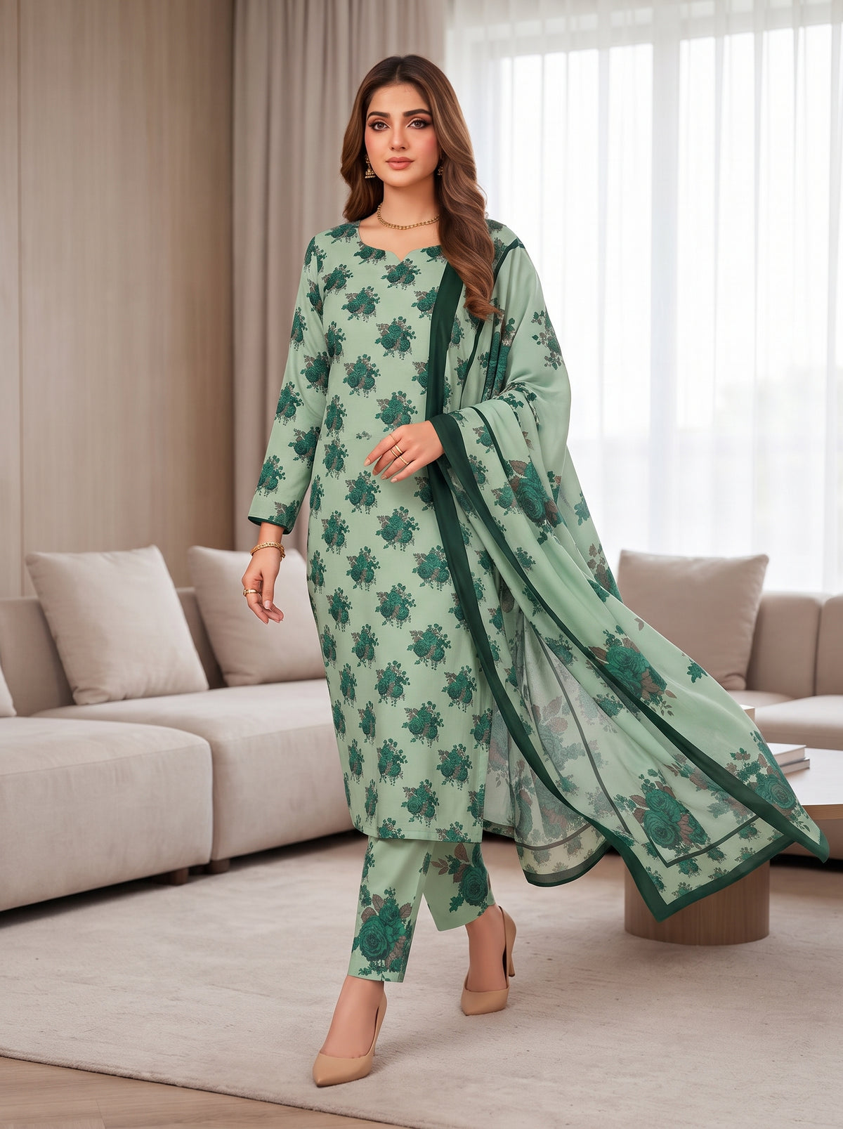 Mint Green Printed Shamooz Silk 3 Piece Suit
