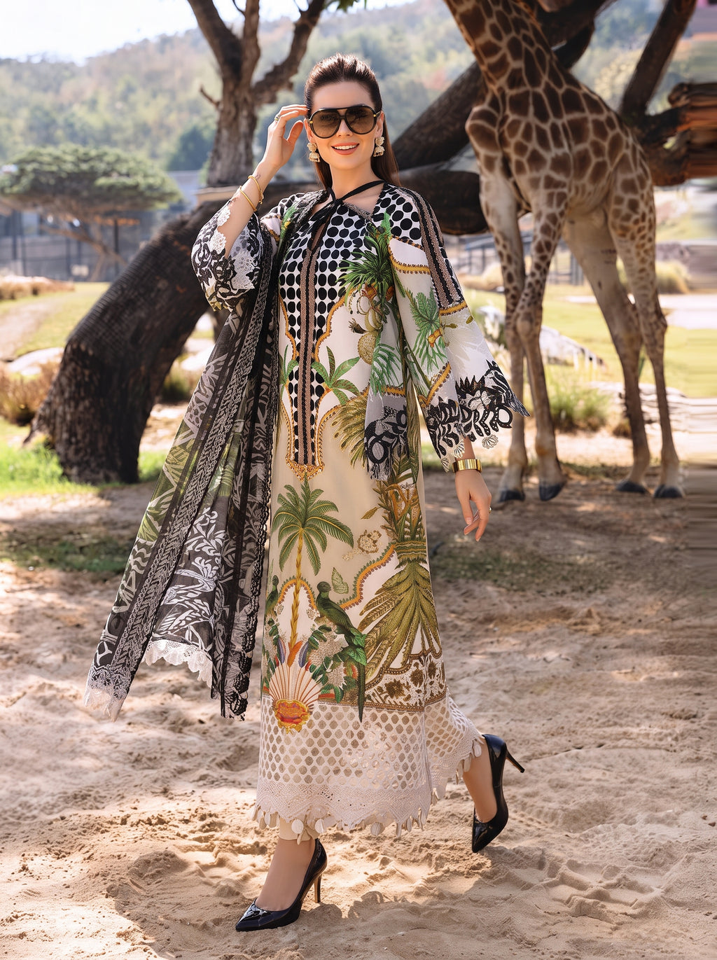 Off-White & Black Tropical Kaftan Style Shamooz Silk 3 Piece Suit