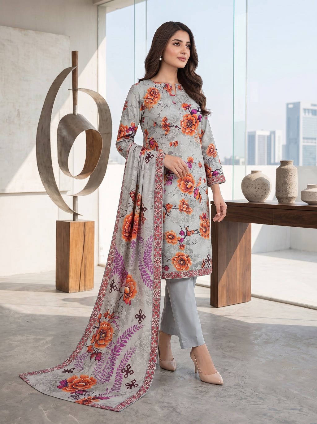 Grey Printed Nishat Linen 3 Piece Suit