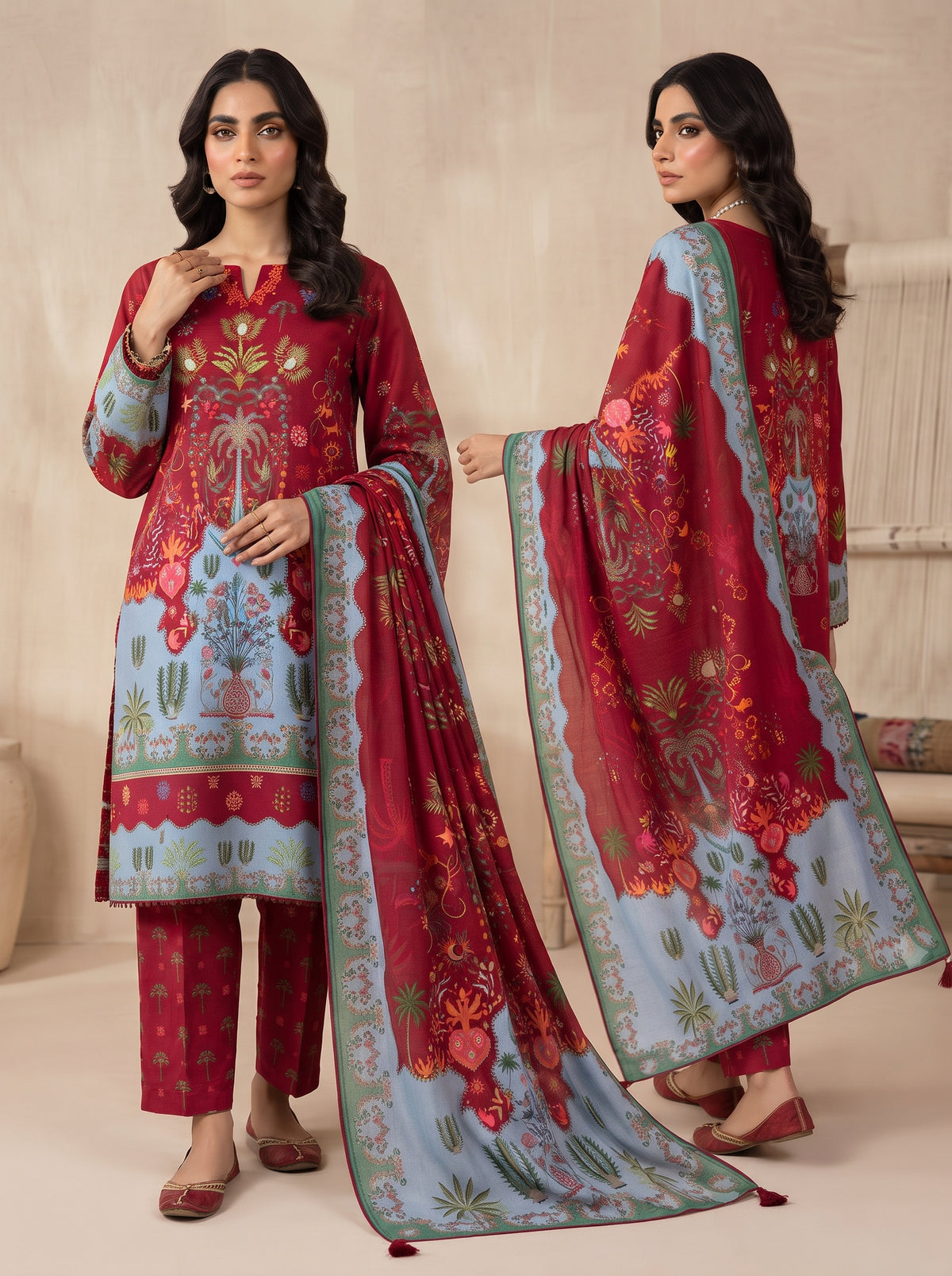 Maroon Printed Shamooz Silk 3 Piece Suit