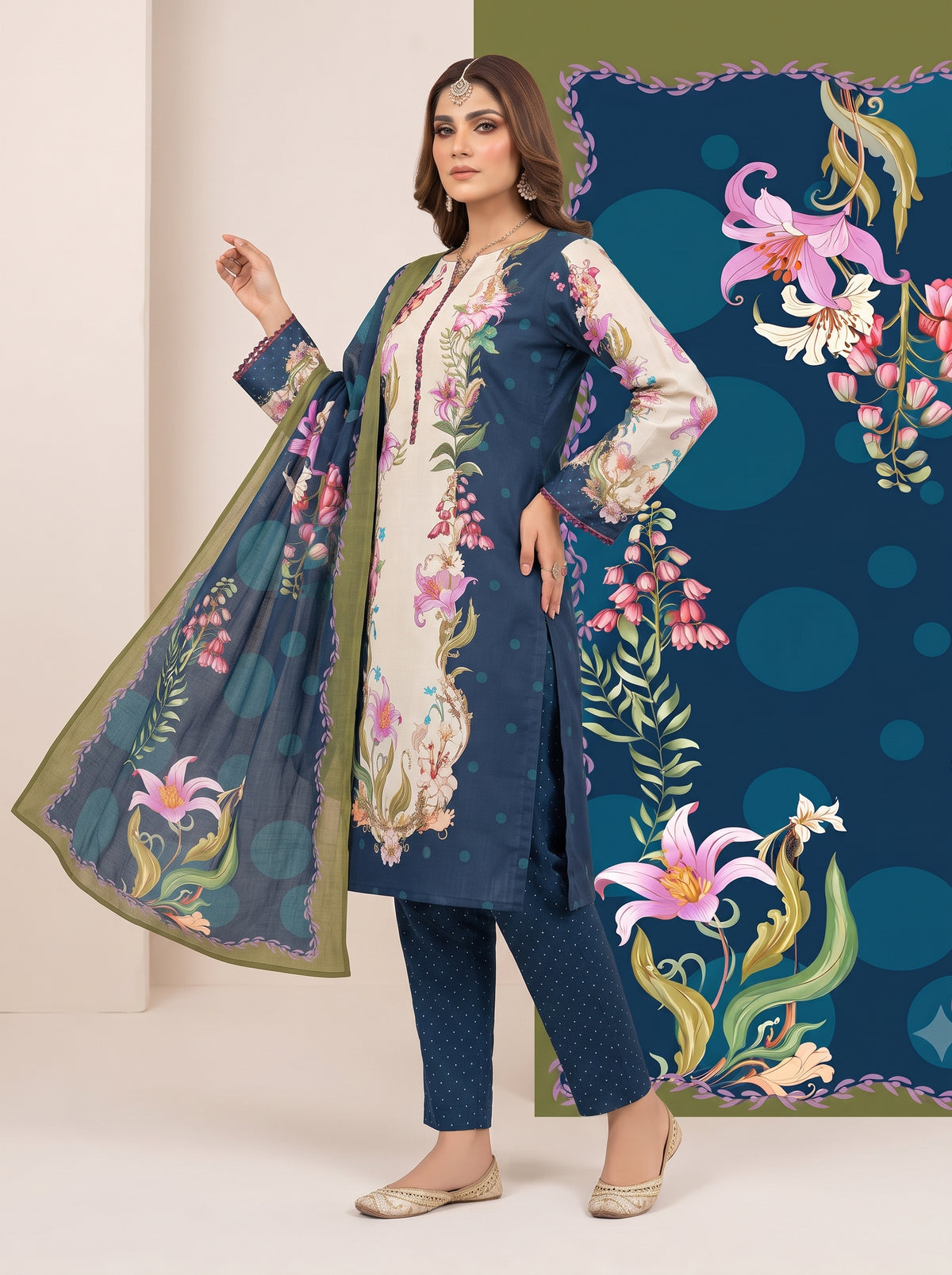 Navy Blue Printed Shamooz Silk 3 Piece Suit